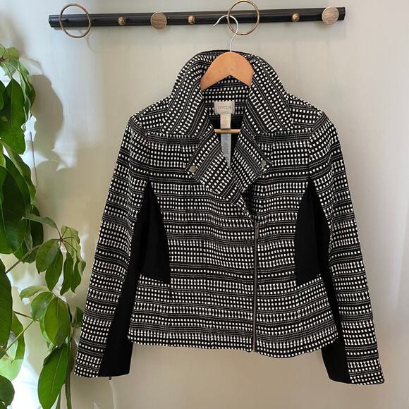 Chico’s 1 (M 8/10) Geometric Moto Jacket | Black & White, Lined, Zip-up, NWOT - Picture 2 of 7